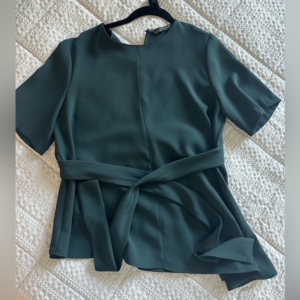 Zara asymmetrical tie-waist top SZ L dark green - Picture 1 of 5